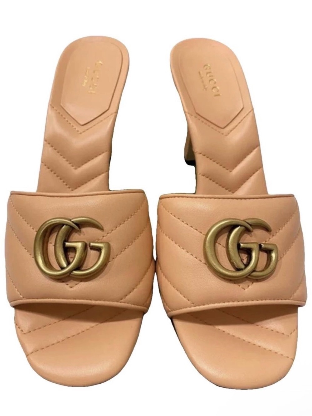 Gucci Nude Quilted Leather Slide Sandals with Gold Double G